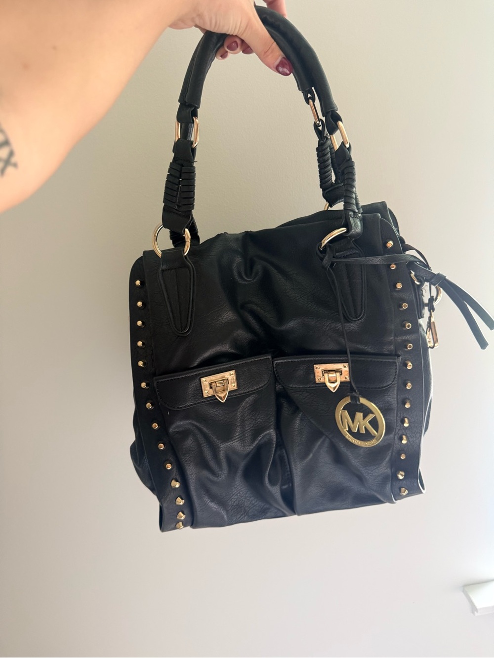 Michael Kors Black Leather Studded Shoulder Bag with Gold Hardware